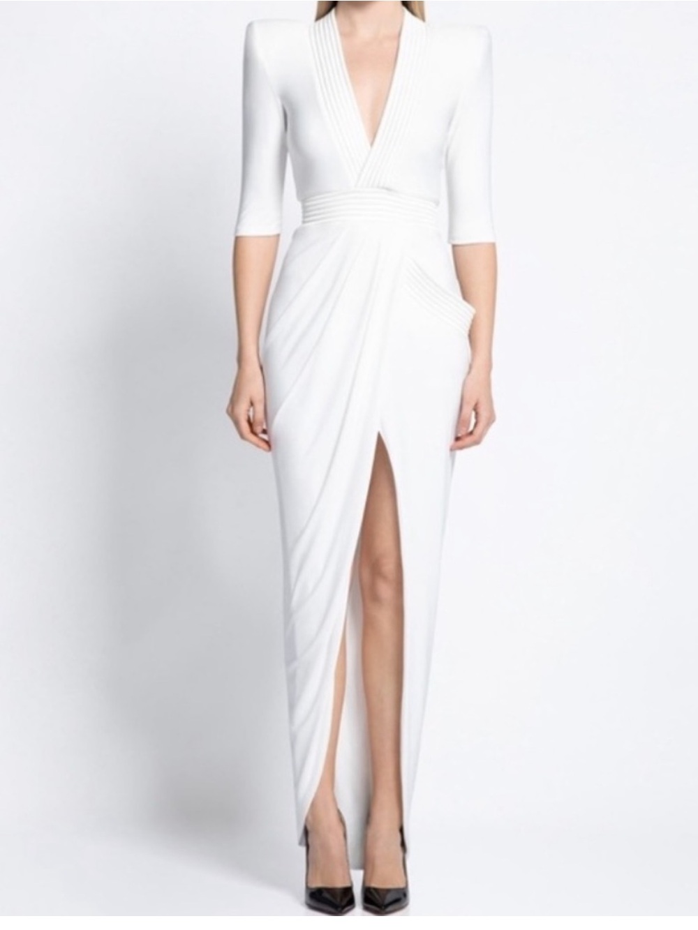 Zhivago White eye of Horus Maxi dress with Side Drape and Front Slit